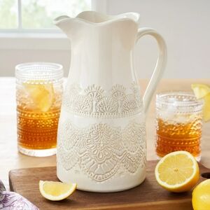 💕 New 2025 The Pioneer Woman Vintage Lace Cream Embossed Pitcher